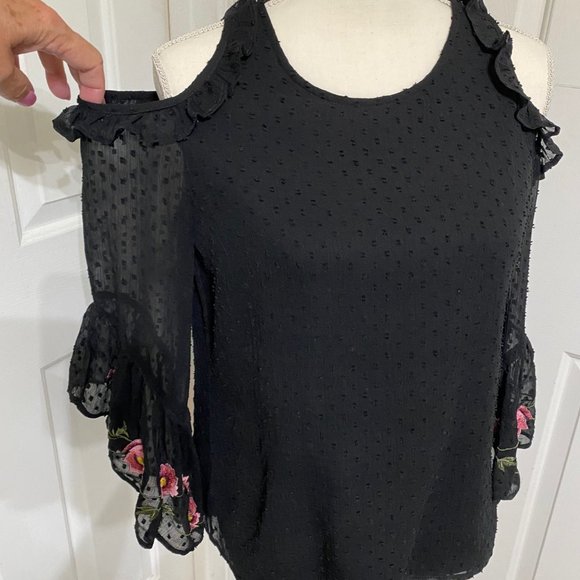 S Blue Rain Top with Embroidered Flowers on the Bell Sleeve Cuffs - Picture 2 of 10